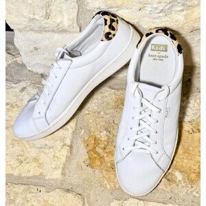Kate Spade New York Keds White Leather Leopard Trim Lace Up‎ Sneakers Women Sz 8